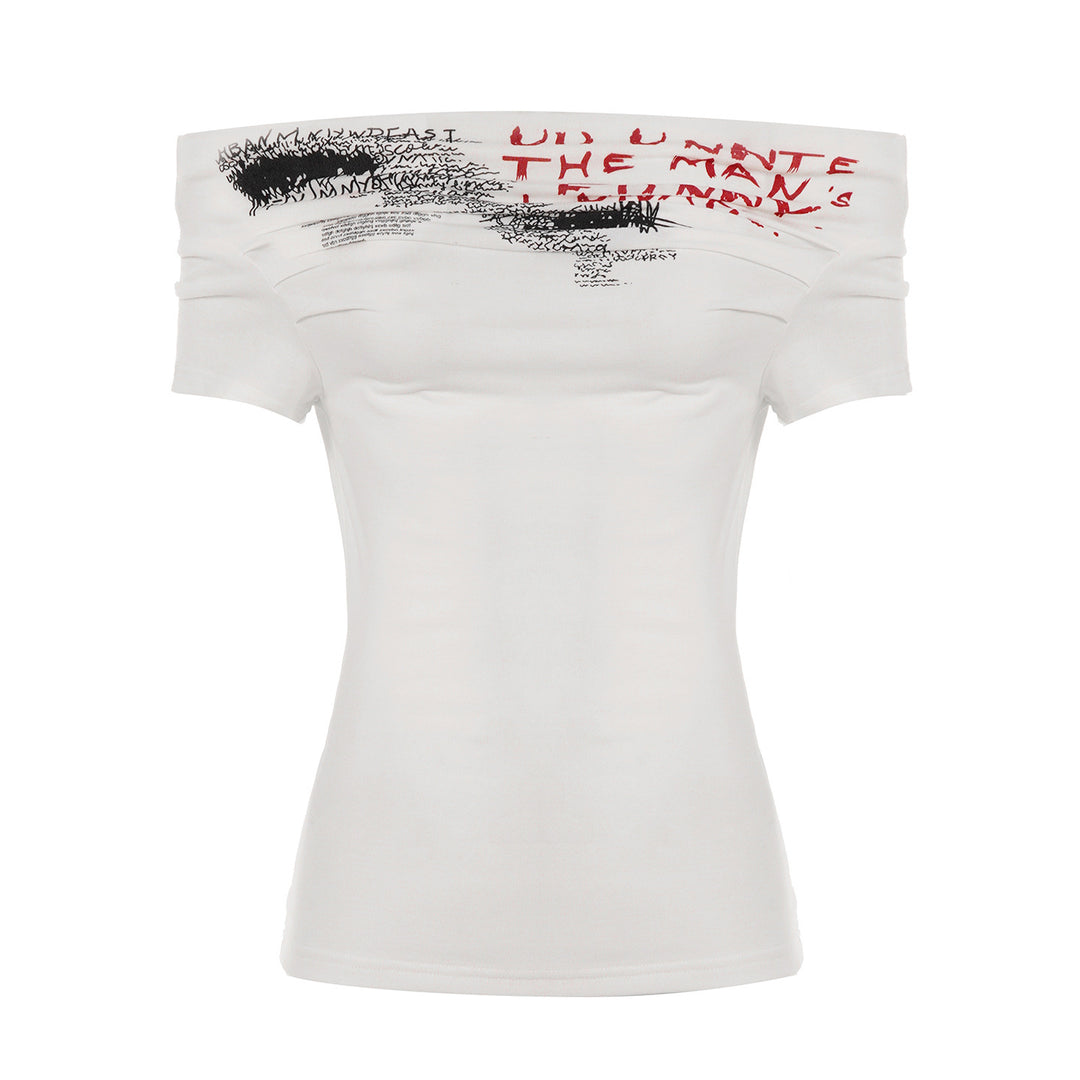 Damen Off-Shoulder T-Shirt mit künstlerischem Druck und figurbetontem Schnitt EB
