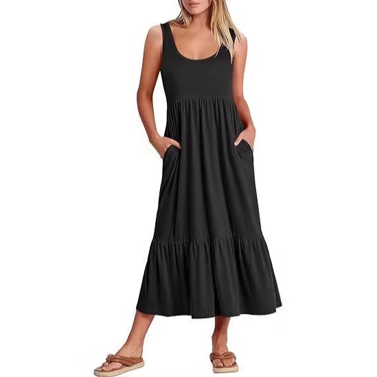 Damen Maxikleid mit fließendem Rock und praktischen Taschen EB