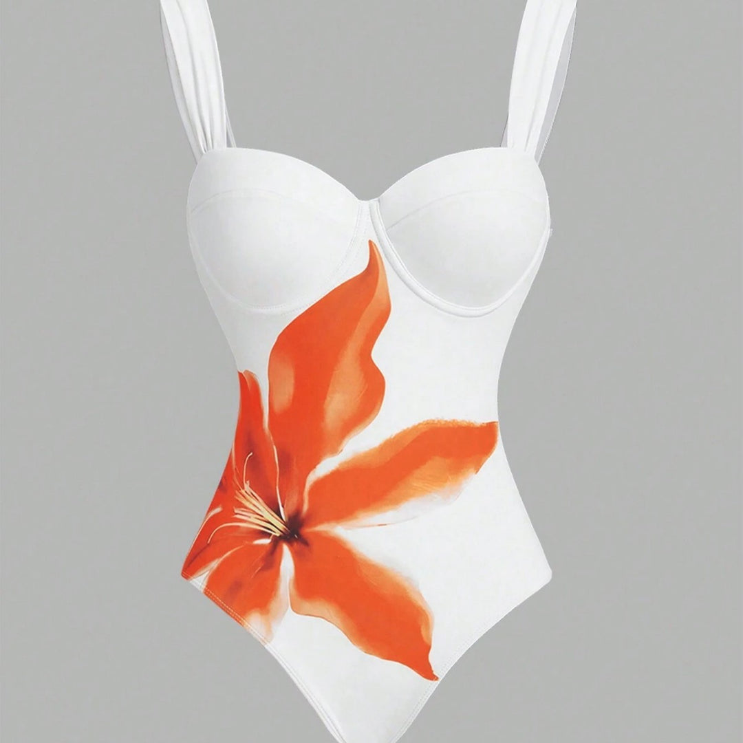 Damen Badeanzug mit elegantem floralem Design und passendem Wickelrock EB