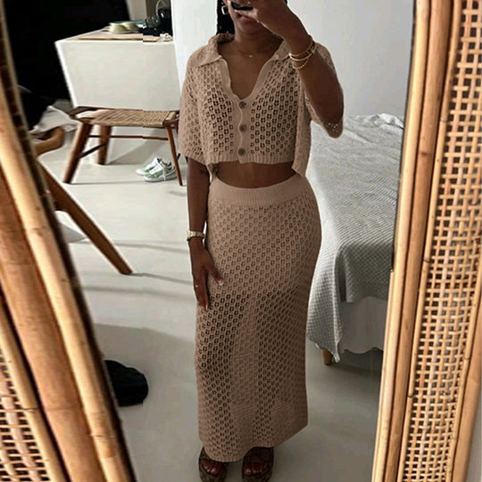 Damen gehäkeltes Crop-Top und Maxi-Rock Set EB