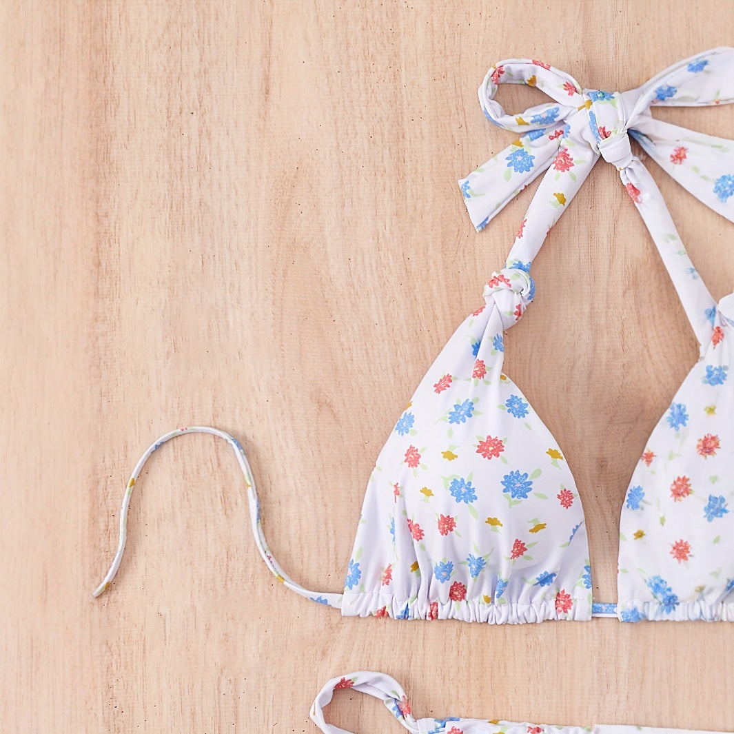 Damen Floral gemusterter Triangel-Bikini mit verspieltem Bindeband EB
