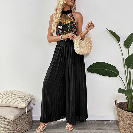 Damen Plissierter Jumpsuit mit floralem Spitzeinsatz und hohem Kragen EB