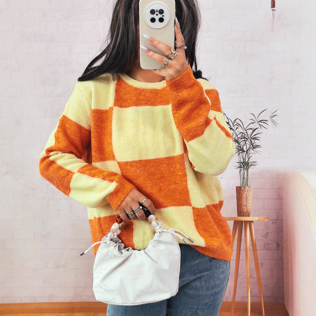 Damen Grobstrickpullover mit modernem Karomuster und lässigem Schnitt EB
