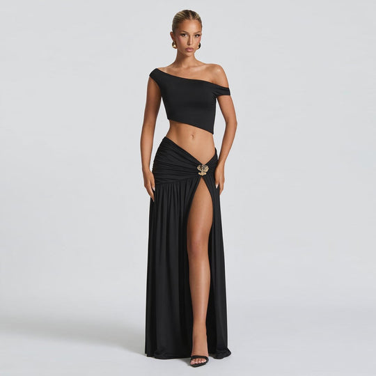 Damen Elegantes Crop Top und Hochgeschnittener Maxi-Rock Set EB