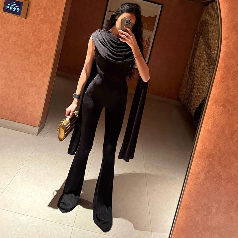 Damen Eleganter Jumpsuit mit Drapierung und weiter Beinführung EB