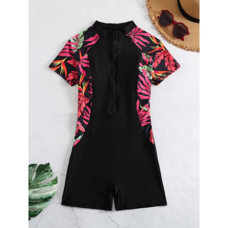 Damen Sportlicher Einteiler mit kurzem Ärmel und floralem Design EB