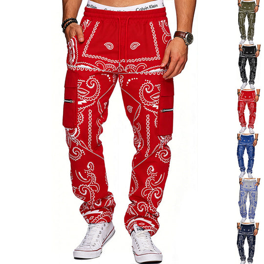 Herren Cargo-Hose mit Bandana-Print, elastischem Bund und Zipper-Taschen EB