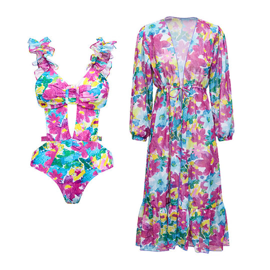 Damen Bikiniset mit voluminösen Rüschendetails und fließendem Maxi-Rock EB