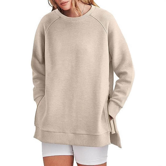 Damen lässiger Sweatshirt mit Seitentaschen und Reißverschluss EB
