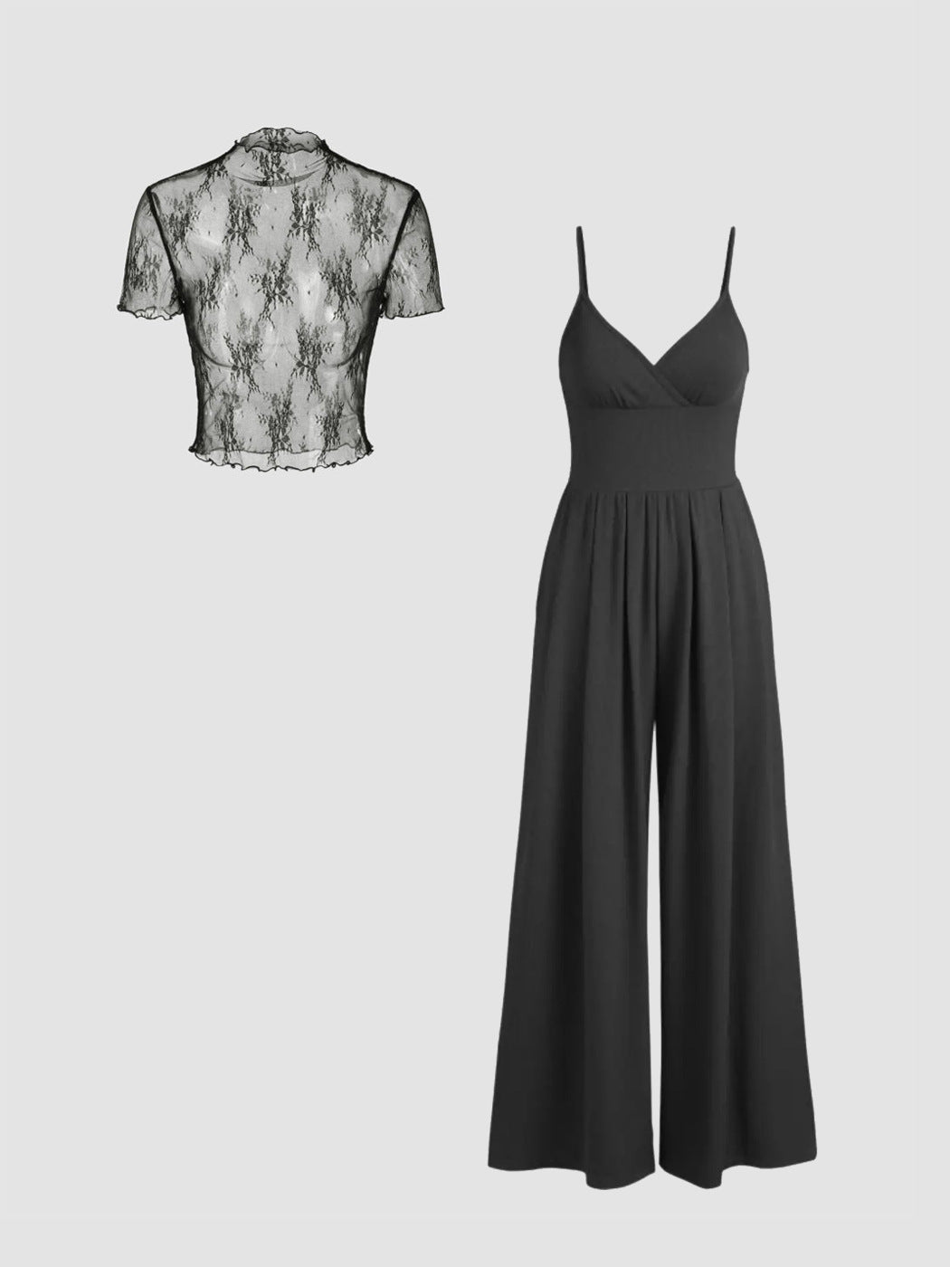 Damen elegantes V-Ausschnitt Jumpsuit mit transparenter Bluse EB