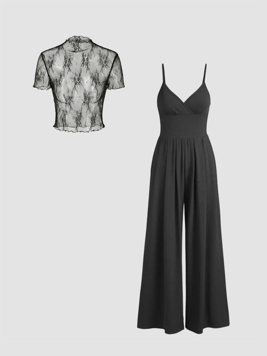 Damen elegantes V-Ausschnitt Jumpsuit mit transparenter Bluse EB