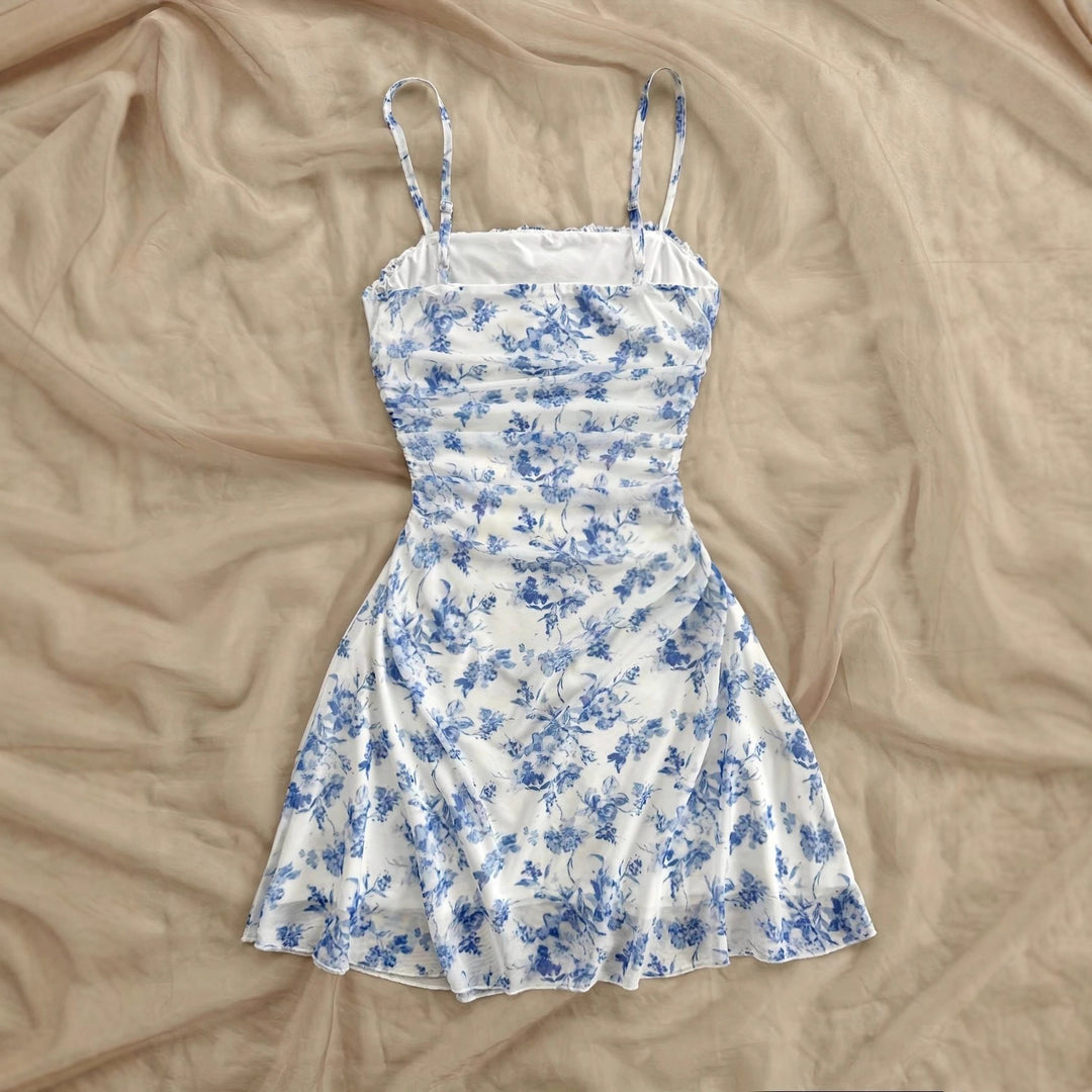 Damen Sommerliches Blumenkleid mit Spaghetti-Trägern und Raffungen EB