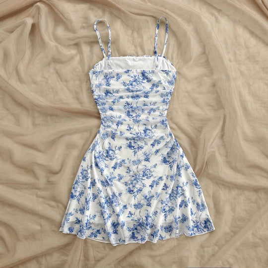 Damen Sommerliches Blumenkleid mit Spaghetti-Trägern und Raffungen EB