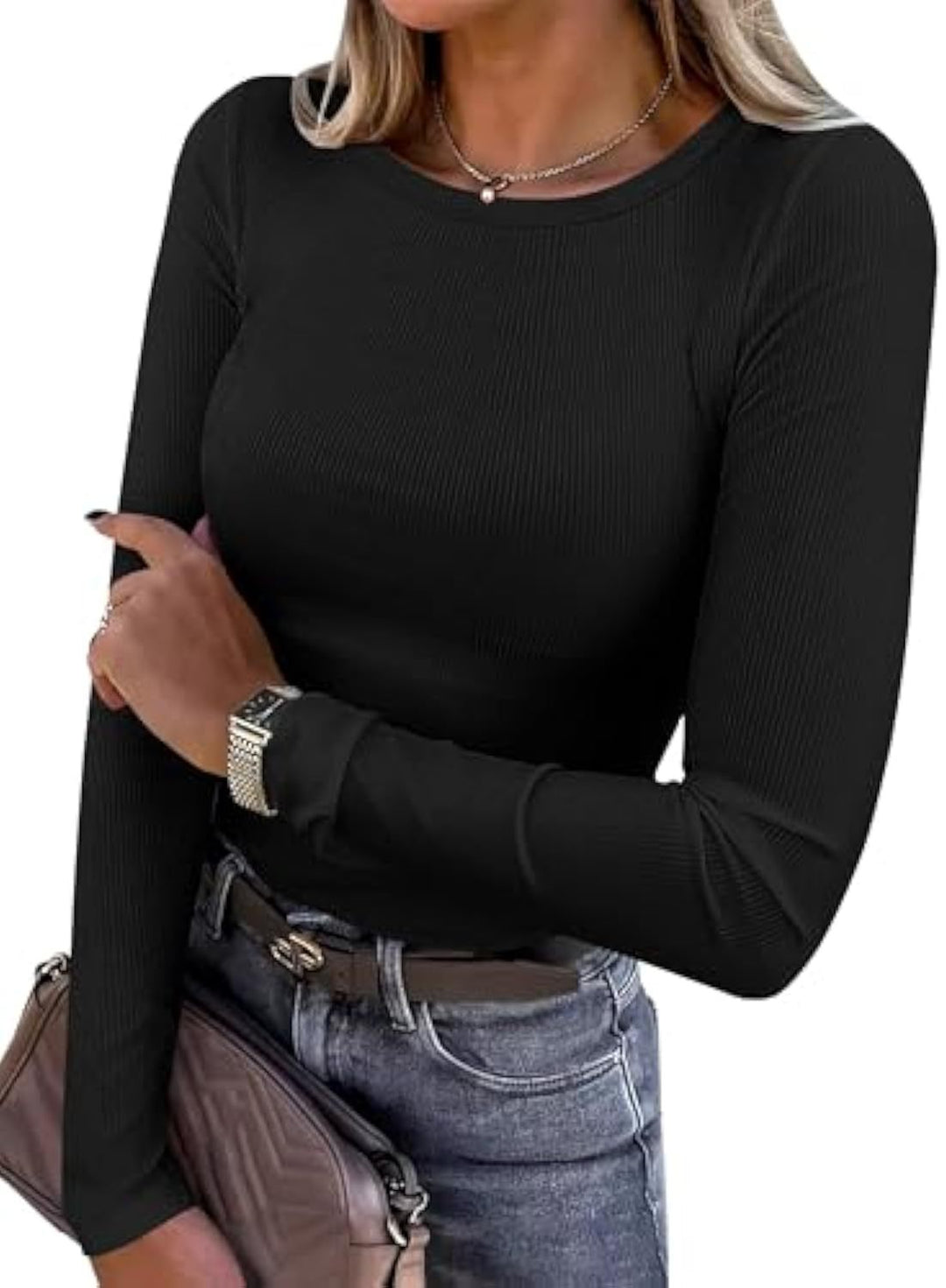 Damen Schmalgeschnittenes Ripp-Longsleeve mit Rundhalsausschnitt und Stretch-Baumwollmix EB