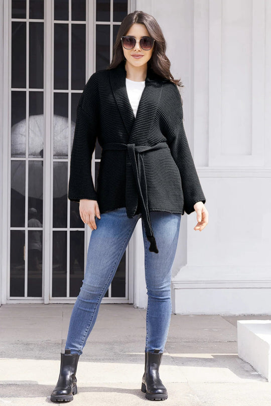 Damen Grobstrick-Cardigan mit Gürtel und weitem Schnitt EB