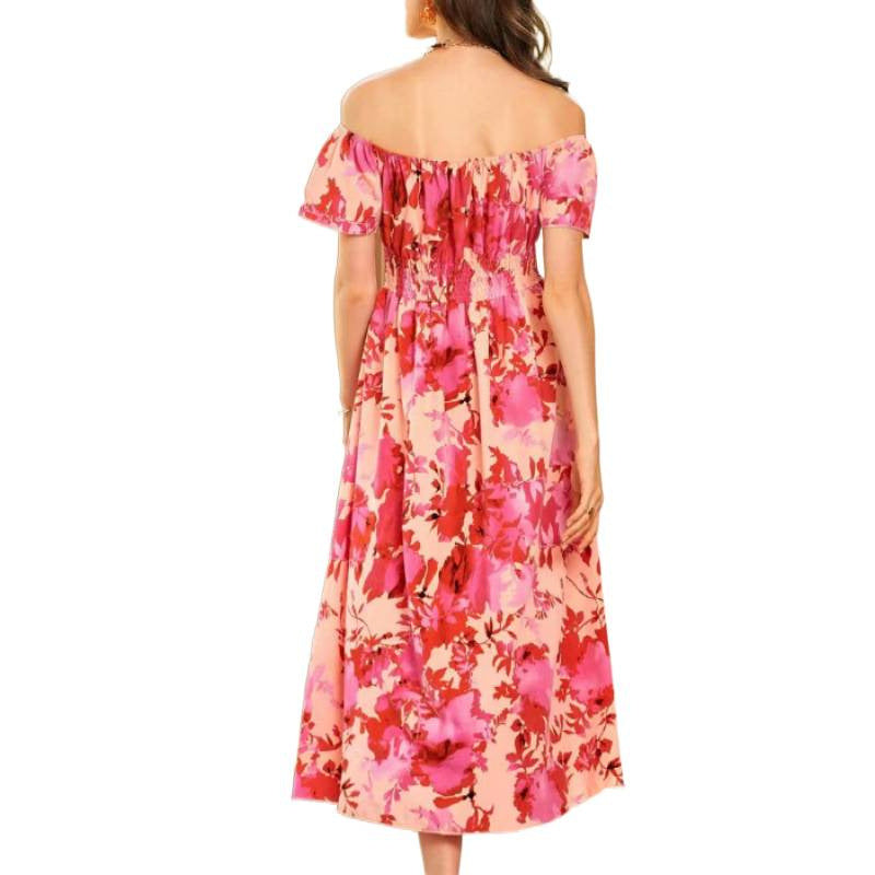 Damen Off-Shoulder Midikleid im floralen Design mit elastischem Oberteil und voluminösem Rock EB
