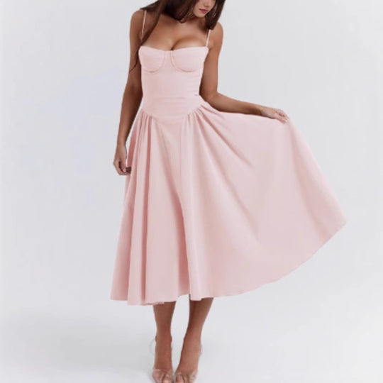 Damen Midikleid mit trägerlosem Design und voluminösem Faltenrock EB