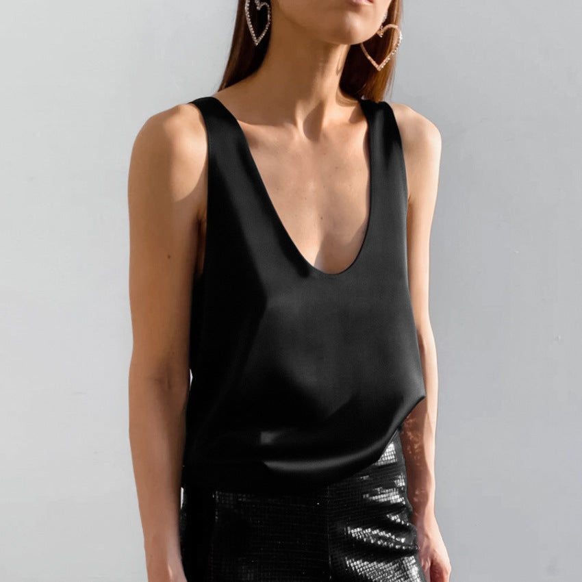 EB | Frauen Satin U Hals T-Shirt Ärmelloses Top