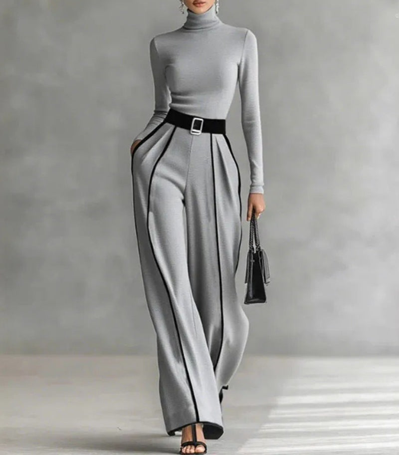 Damen nan elegantes Strickset mit tailliertem Rollkragenoberteil und weiter Plisseehose mit Taillengürtel EB