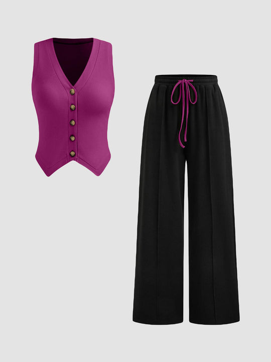 Damen lässiges Knopf-Top mit weitem Hose EB