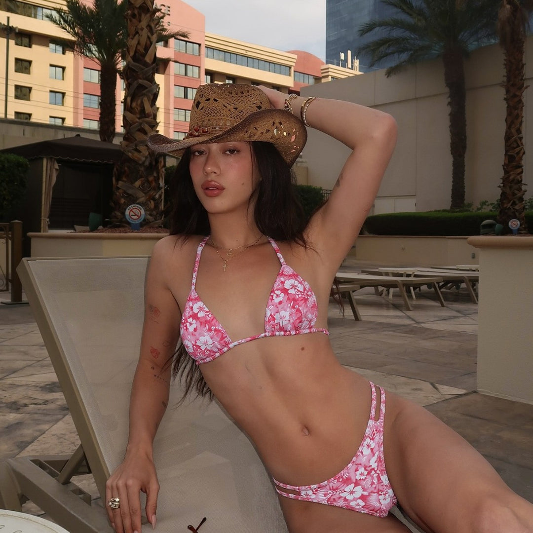 Damen Triangel-Bikini mit hoch geschnittenem Unterteil und floralem Design EB