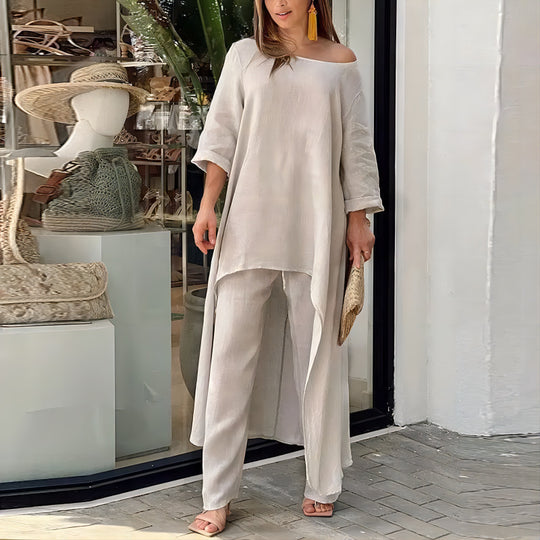 Damen nan weit geschnittenes Leinenzweiteiler Set mit asymmetrischer Tunika und lockeren Marlene-Hose EB