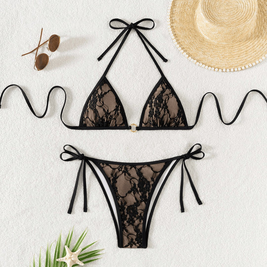 Damen Spitze Triangel-Bikini mit raffinierten Bindebändern EB