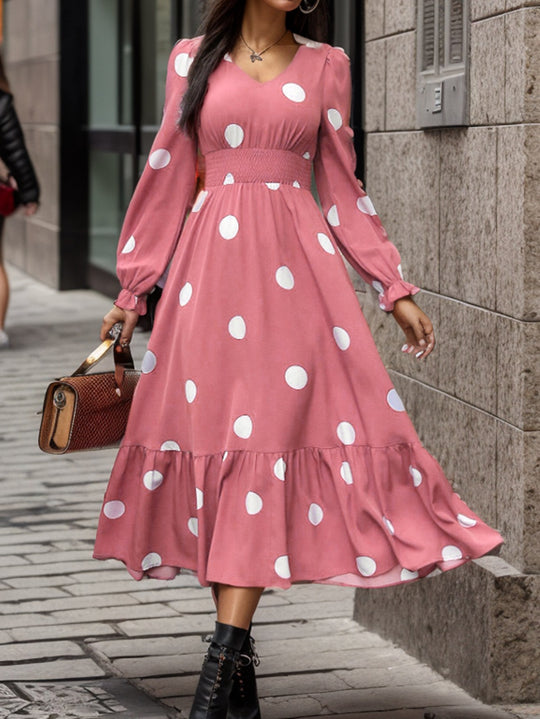 Damen Elegantes Maxi-Kleid mit modischem Punkte-Design und Taillenbetonung EB