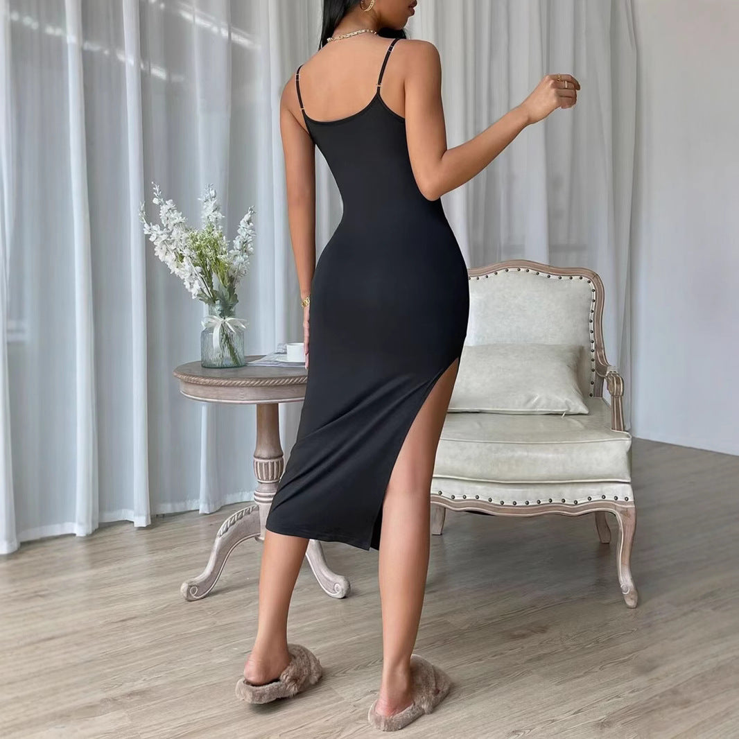 Damen figurbetontes Maxi-Kleid mit schmalen Spaghettiträgern und seitlichem Schlitz EB