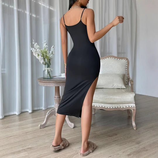 Damen figurbetontes Maxi-Kleid mit schmalen Spaghettiträgern und seitlichem Schlitz EB