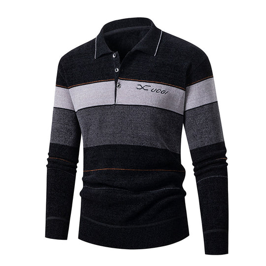 Herren Langarm Polohemd mit gestreiftem Design und Knopfleiste EB