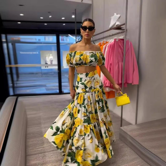 Damen Zweiteiliges Wickelkleid mit floralem Oberteil und schwingendem Rock EB