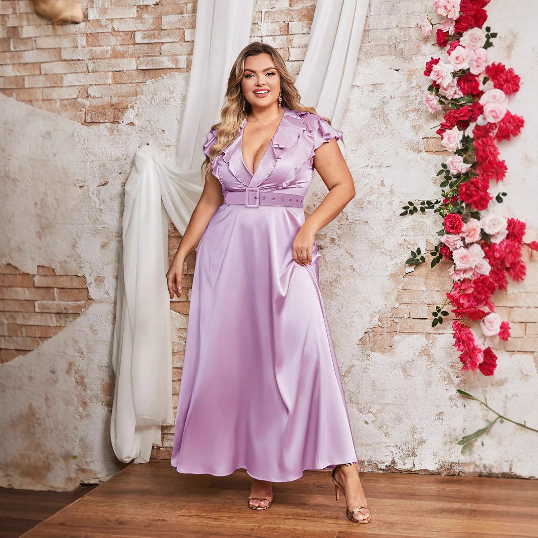 Damen Elegantes Maxikleid mit Rüschendetails und taillierendem Gürtel EB