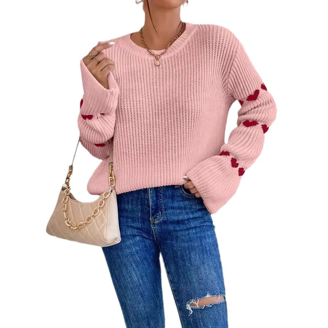 Damen kuscheliger Strickpullover mit modellierenden Ärmeln und Herzmotiv EB