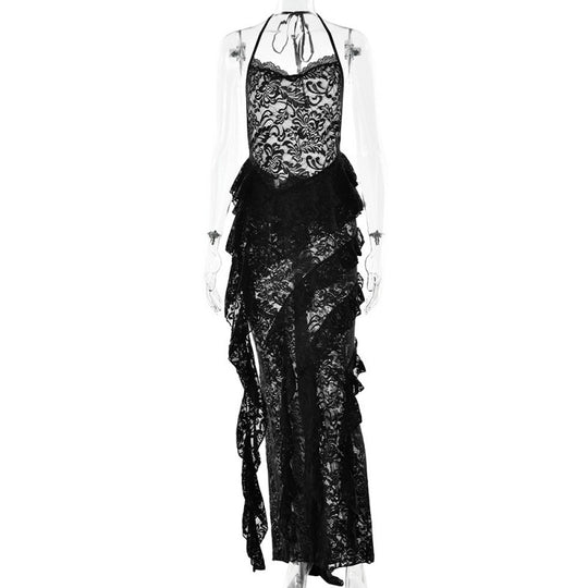 Damen verführerisches Spitzenkleid mit asymmetrischem Saum und Rüschendetails EB