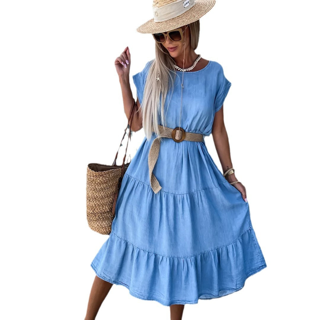 Damen Midi-Kleid mit asymmetrischem Saum und nostalgischem Denim-Stil EB