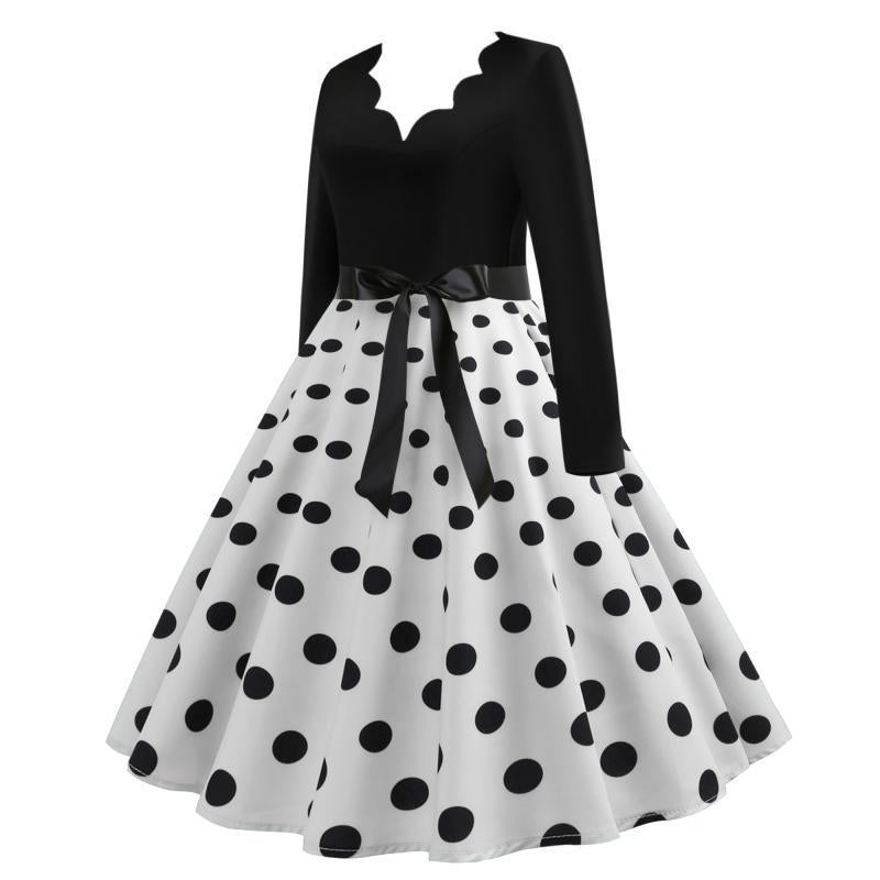 Damen Vintage Tellerkleid mit gewelltem V-Ausschnitt, tailliertem Satinband und langen Ärmeln EB