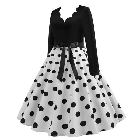 Damen Vintage Tellerkleid mit gewelltem V-Ausschnitt, tailliertem Satinband und langen Ärmeln EB