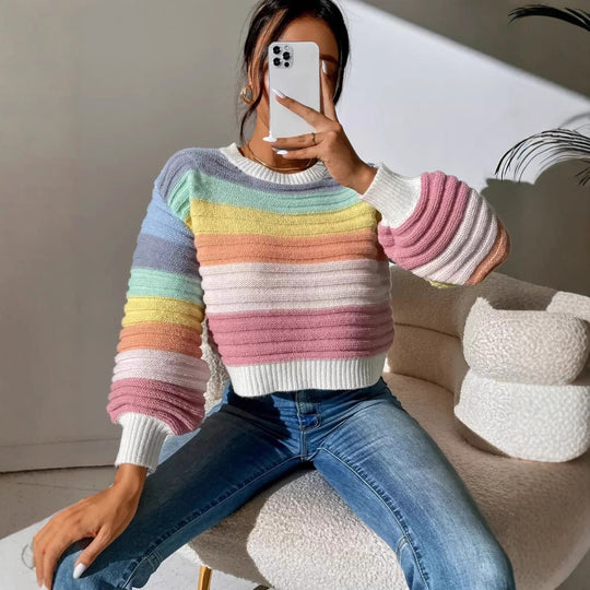 Damen Modischer Strickpullover mit Volumenärmel und Randdetails EB