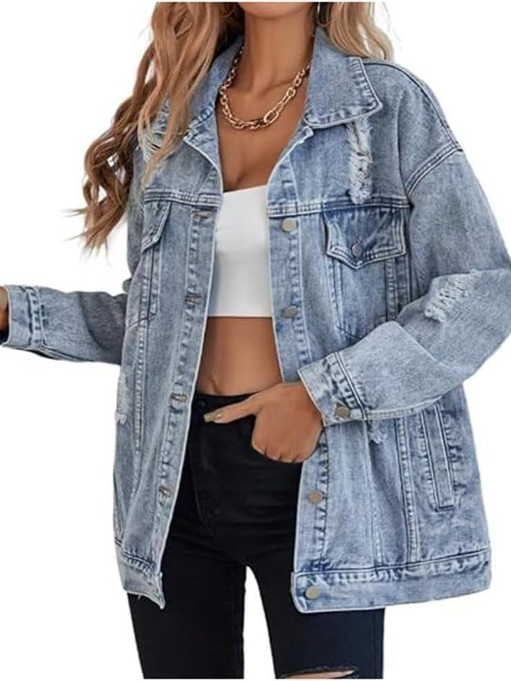 Damen lässige Oversized Jeansjacke mit distressed Details und hochwertigen Metallknöpfen EB