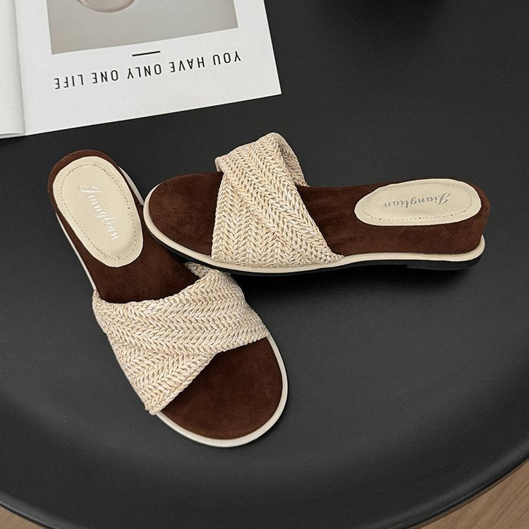 Damen flache Riemchen-Pantoletten mit raffiniertem Textil-Design und komfortabler Sohle EB