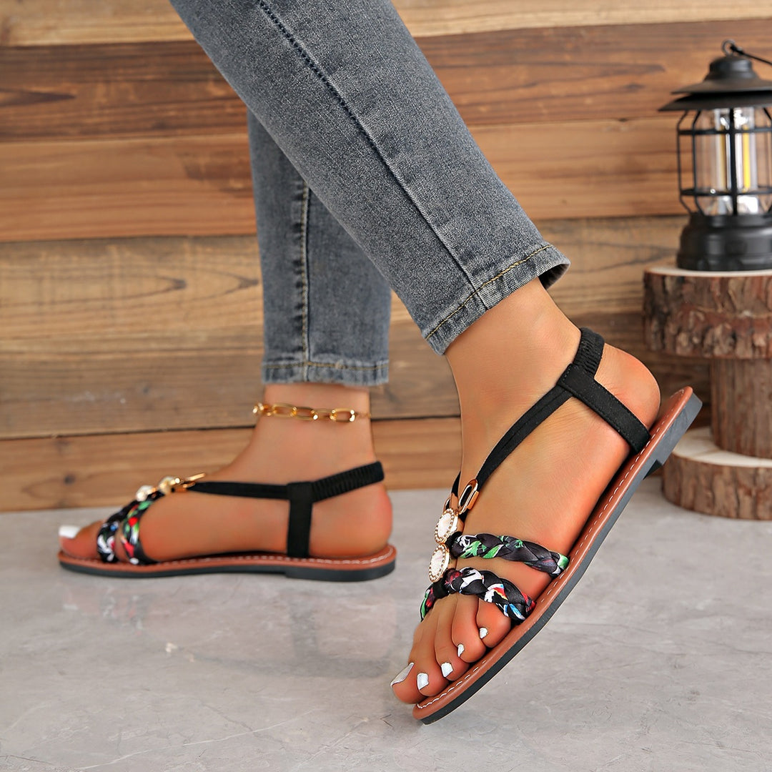 Damen modische Zehentrenner-Sandalen mit geflochtenem Riemendesign und glamourösen Details EB