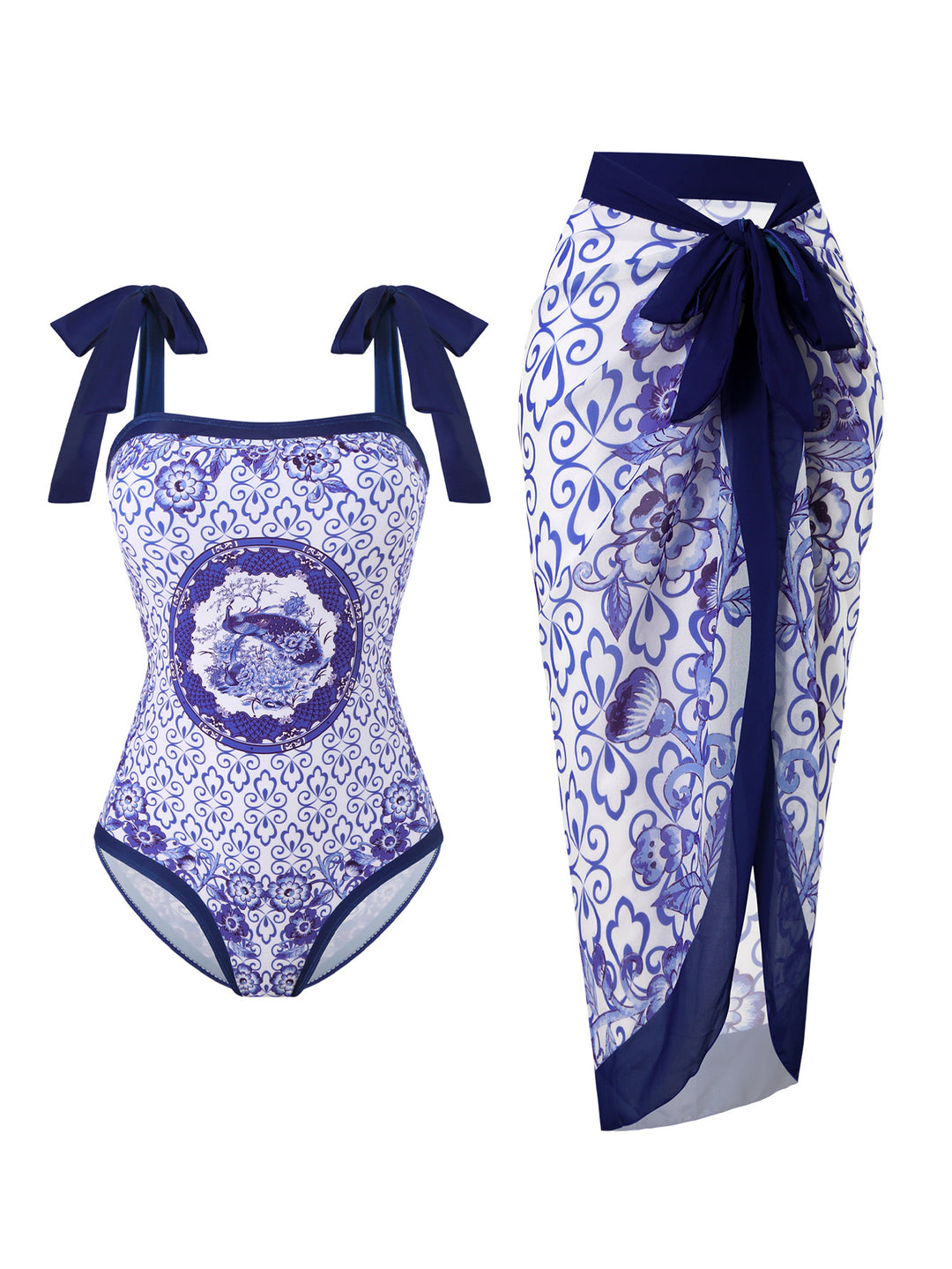 Damen Badeanzug mit floralem Design und transparentem Wickelrock EB