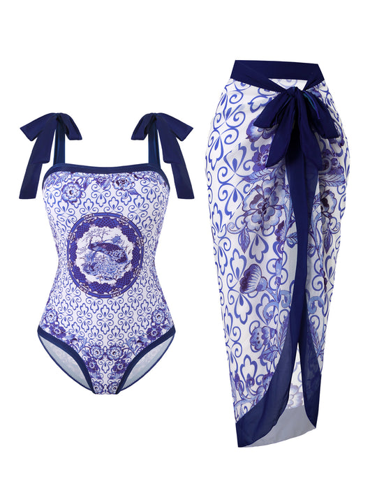 Damen Badeanzug mit floralem Design und transparentem Wickelrock EB