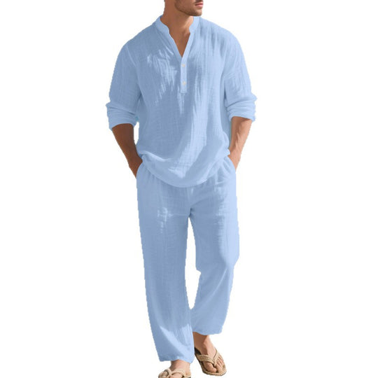 Herren entspannendes Langarm-Hemd & Freizeithose Set EB