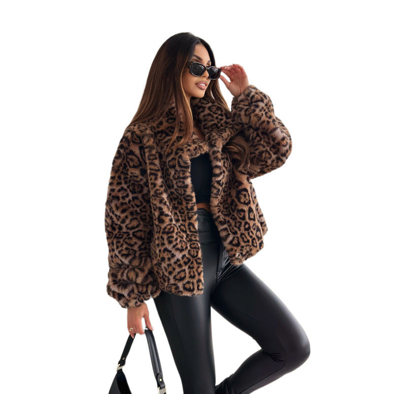 Damen Kunstpelz Leopardenmuster Jacke EB