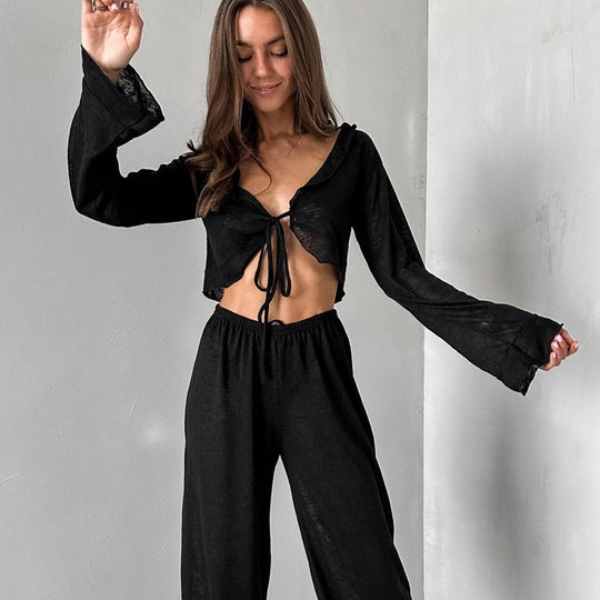 Damen Lässiges Lounge-Set mit cropped Oberteil und weit geschnittenen Hosen EB