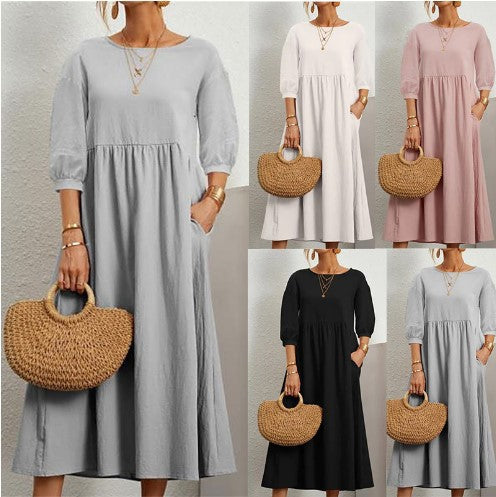 Damen Freizeitmaxikleid mit luftigen Ärmeln und seitlichen Taschen EB