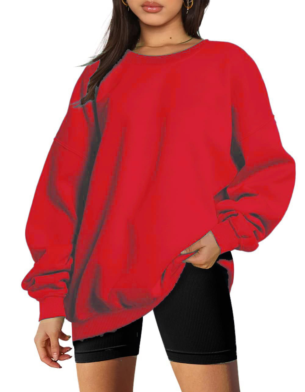 Damen nan extralanger Oversize-Sweatpullover mit Ballonärmeln, geripptem Saum und angerauter Innenseite EB