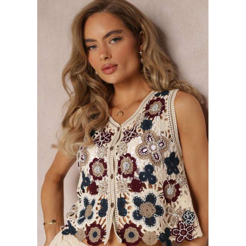 Damen Häkelweste mit floralen Stickereien und offenen Vorderseite EB